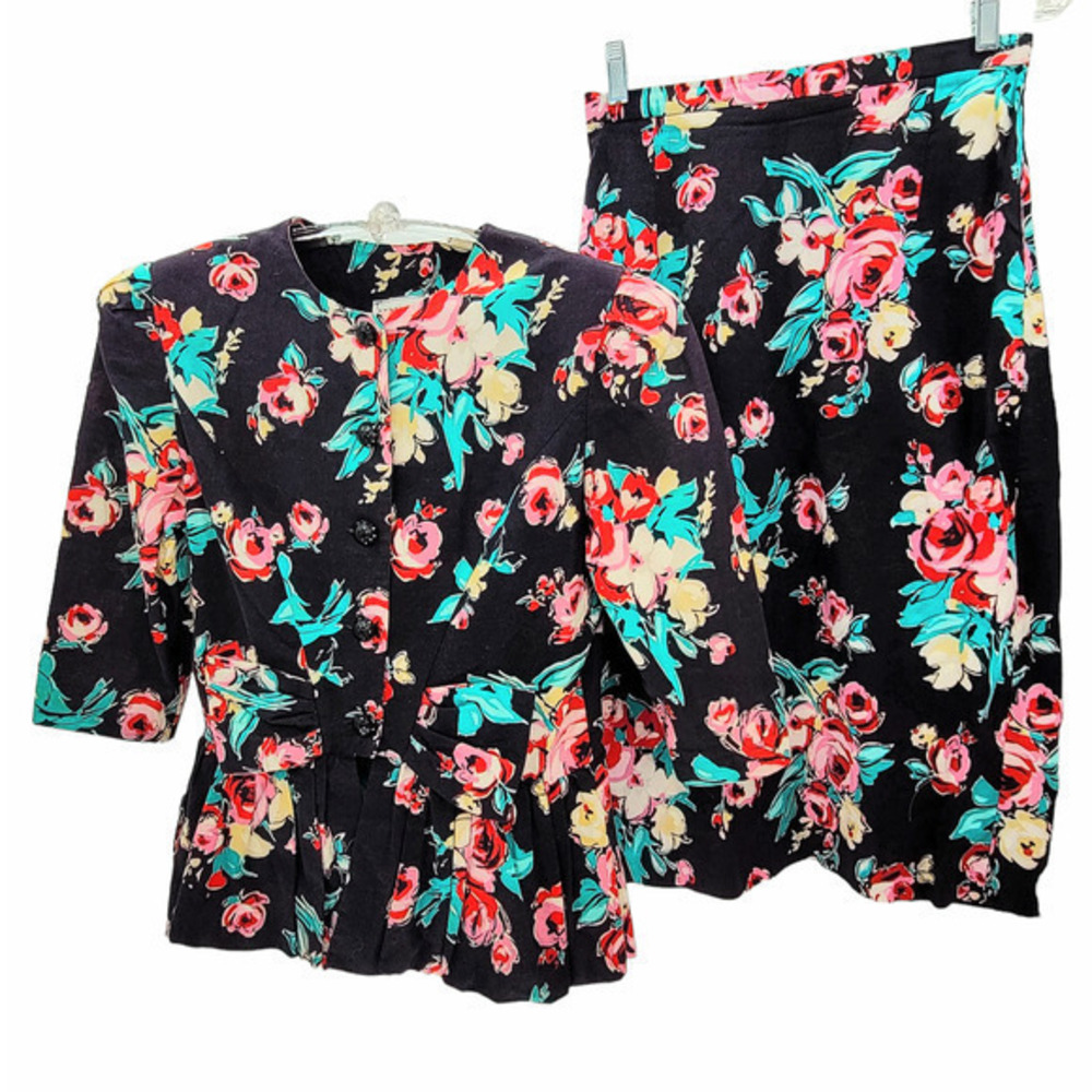 Vintage Robbie Bee Floral Puffy Sleeve Peplum Jacket Midi Straight Skirt‎ Set